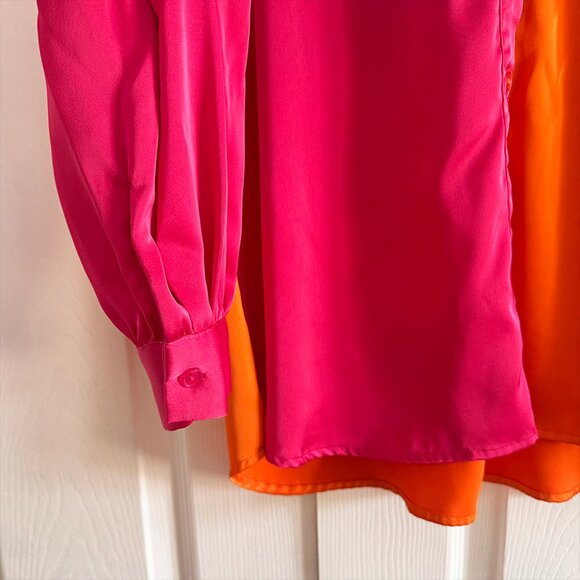 Strut & Bolt Multicolor Orange and Hot Pink Button Up Colorblock Satin Blouse - Picture 7 of 9